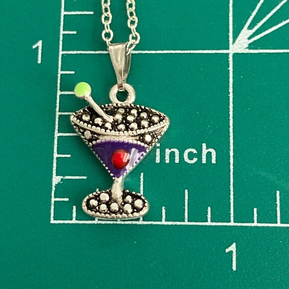 Martini Cocktail Drink Cup Glass Charm Necklace Pendant Purple Enamel 18" Chain - Picture 8 of 9